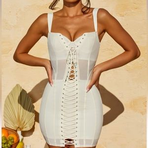 OH POLLY LACE UP CORSET MINI DRESS IN WHITE SIZE UK / US 4